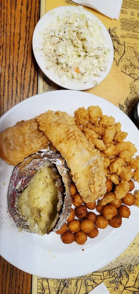 White Fish Popcorn Shrimp Baked Potato and Mini Hushpuppies